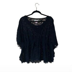 Flying Tomato Black Lace Crochet Tunic Top Short Sleeve